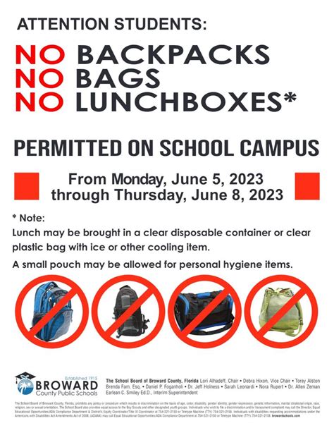 No bags, backpacks or lunchboxes permitted on BCPS campuses on last week of classes